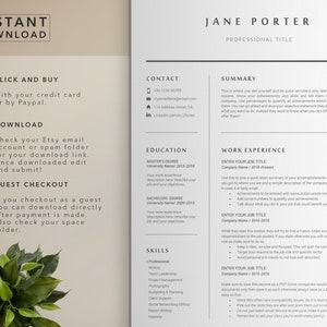 May include: A beige and gray resume template with the title "Jane Porter" and the heading "Professional Title". The resume includes sections for contact information, education, work experience, skills, and a summary. The template also includes instructions for filling out the resume.