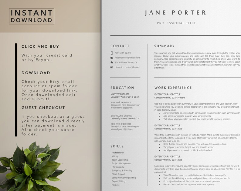 May include: A beige and gray resume template with the title "Jane Porter" and the heading "Professional Title". The resume includes sections for contact information, education, work experience, skills, and a summary. The template also includes instructions for filling out the resume.