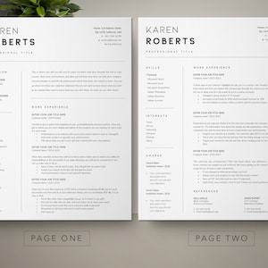 May include: A black and white resume template with the name Karen Roberts at the top. The resume is divided into two pages. The first page includes sections for education, skills, and work experience. The second page includes sections for skills, interests, awards, references, and work experience.