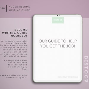 May include: A white tablet with a light green logo that says "DISTOCV" and the text "OUR GUIDE TO HELP YOU GET THE JOB!" on a white background. The text "RESUME WRITING GUIDE INCLUDED!" is on the left side of the image. The text "WHEN AN EXCELLENT DESIGN IS NOT ENOUGH" is at the bottom of the image.