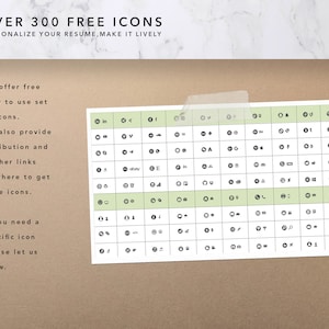 Puede incluir: Una cuadr&iacute;cula en blanco y negro de m&aacute;s de 300 iconos gratuitos. Los iconos est&aacute;n organizados en filas y columnas. El texto "OVER 300 FREE ICONS" est&aacute; en la parte superior de la imagen. El texto "PERSONALIZE YOUR RESUME, MAKE IT LIVELY" est&aacute; debajo del t&iacute;tulo. El texto "We offer free easy to use set of icons." est&aacute; en el lado izquierdo de la imagen. El texto "We also provide attribution and further links of where to get more icons." est&aacute; debajo del primer texto. El texto "If you need a specific icon please let us know." est&aacute; debajo del segundo texto.