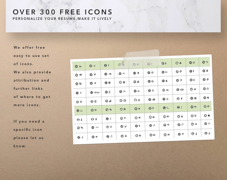 Puede incluir: Una cuadr&iacute;cula en blanco y negro de m&aacute;s de 300 iconos gratuitos. Los iconos est&aacute;n organizados en filas y columnas. El texto "OVER 300 FREE ICONS" est&aacute; en la parte superior de la imagen. El texto "PERSONALIZE YOUR RESUME, MAKE IT LIVELY" est&aacute; debajo del t&iacute;tulo. El texto "We offer free easy to use set of icons." est&aacute; en el lado izquierdo de la imagen. El texto "We also provide attribution and further links of where to get more icons." est&aacute; debajo del primer texto. El texto "If you need a specific icon please let us know." est&aacute; debajo del segundo texto.