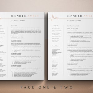 May include: A two-page resume template for a registered nurse named Jennifer Amber. The resume includes sections for contact information, education, work experience, certifications, expertise, key skills, and other awards. The template features a minimalist design with a subtle heartbeat graphic at the top of each page.