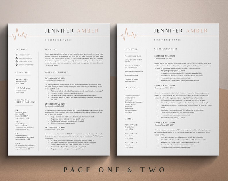 May include: A two-page resume template for a registered nurse named Jennifer Amber. The resume includes sections for contact information, education, work experience, certifications, expertise, key skills, and other awards. The template features a minimalist design with a subtle heartbeat graphic at the top of each page.