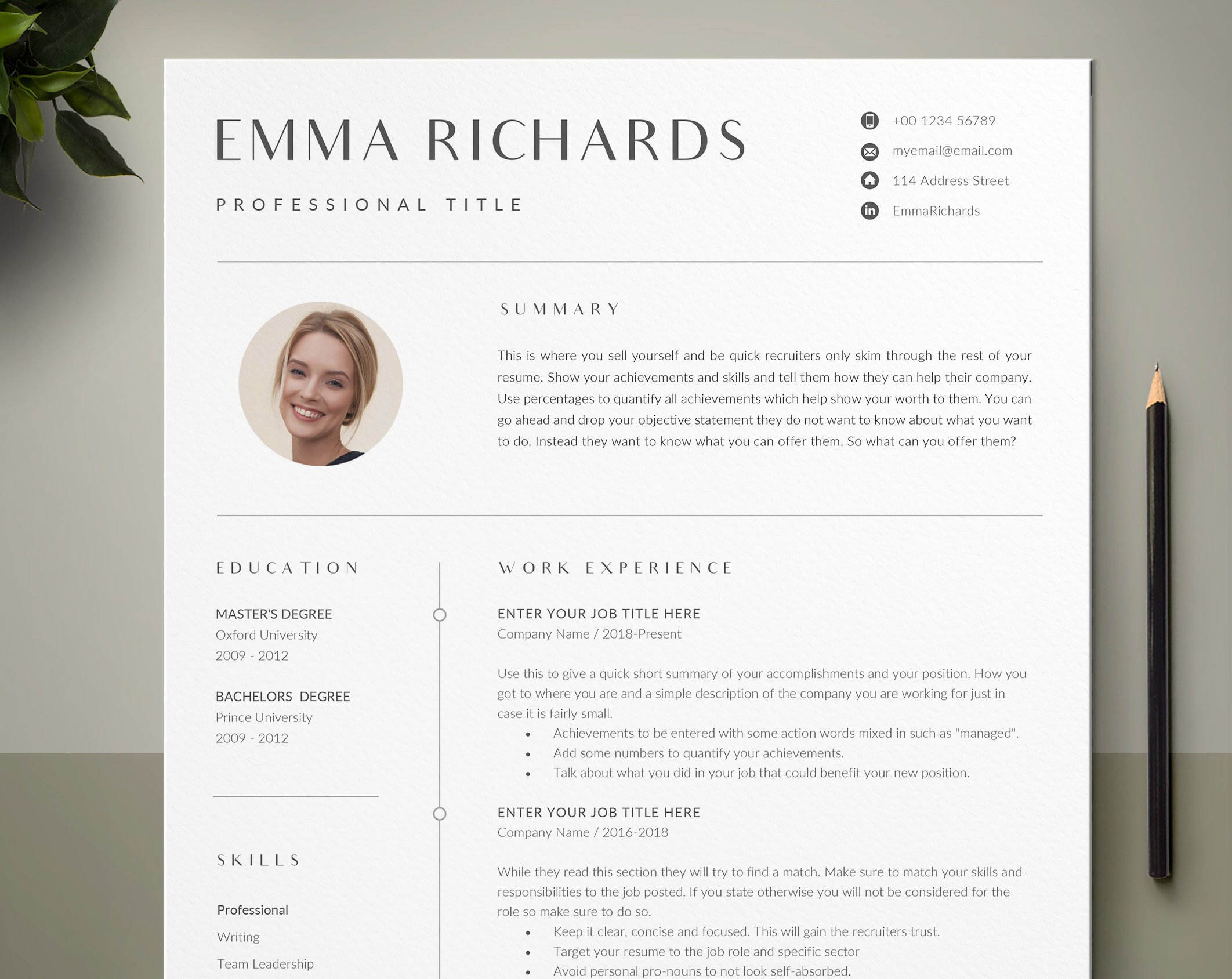 CV Resume Template With Photo, Paper Stationery, CV Template, Modern
