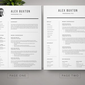 May include: A black and white resume template with the name Alex Buxton and the title "Professional Title". The resume includes sections for contact information, summary, education, skills, work experience, interests, awards, and references.