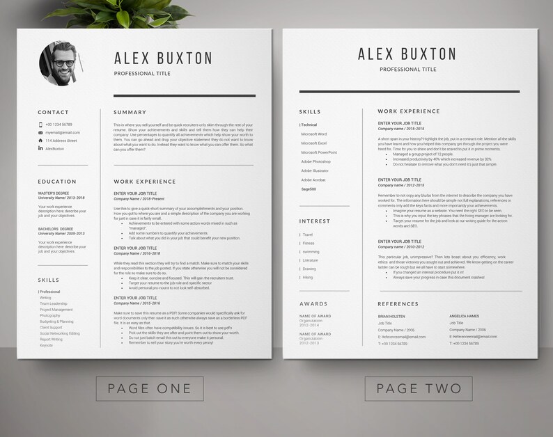 May include: A black and white resume template with the name Alex Buxton and the title "Professional Title". The resume includes sections for contact information, summary, education, skills, work experience, interests, awards, and references.