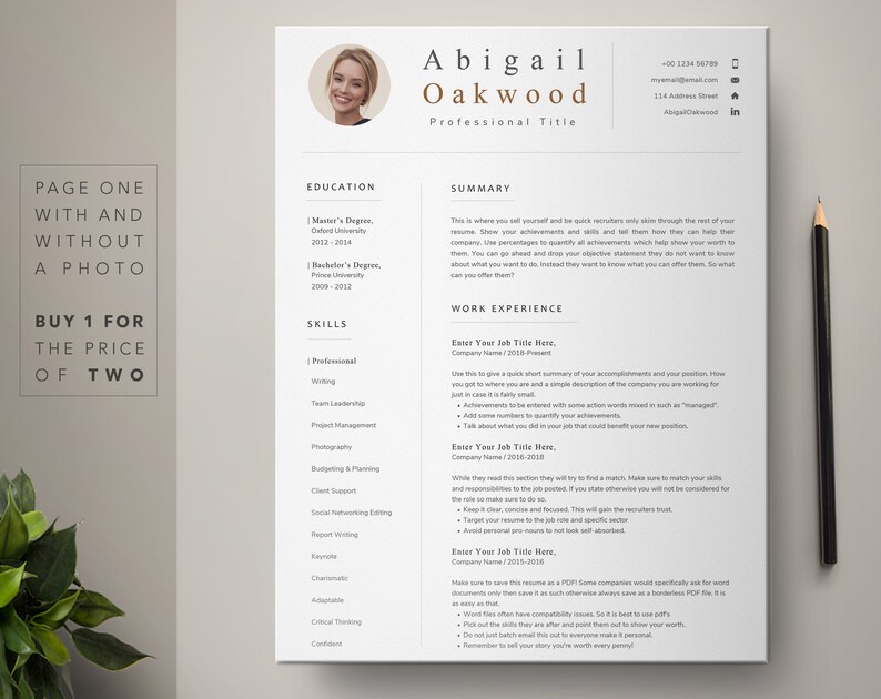 May include: A resume template with a photo of a woman in the top left corner. The resume includes sections for education, skills, summary, and work experience. The text on the resume is in a simple, modern font.