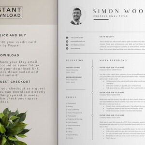 May include: A black and white resume template with the title "Instant Download" at the top. The resume is for Simon Woods, who has a professional title. The resume includes sections for education, work experience, skills, and a summary. The resume also includes instructions on how to download the resume after purchase.