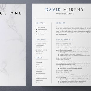 May include: A resume template with a marble background. The resume is for David Murphy, who has a professional title, contact information, education, work experience, and skills listed. The resume is divided into sections with headings in blue text.