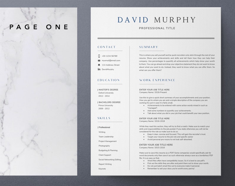 May include: A resume template with a marble background. The resume is for David Murphy, who has a professional title, contact information, education, work experience, and skills listed. The resume is divided into sections with headings in blue text.