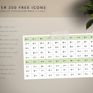 May include: A green and white grid with over 300 free icons. The icons are organized into categories and include social media, technology, and more. The text "OVER 300 FREE ICONS" is at the top of the image. The text "PERSONALIZE YOUR RESUME, MAKE IT LIVELY" is below the title. The text "We offer free easy to use set of icons." is on the left side of the image. The text "We also provide attribution and further links of where to get more icons." is below the first text. The text "If you need a specific icon please let us know." is at the bottom left of the image.