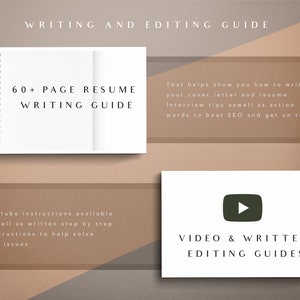 Pode incluir: Um caderno branco com uma encaderna&ccedil;&atilde;o em espiral e o texto "60+ PAGE RESUME WRITING GUIDE" na capa. O caderno est&aacute; sobre um fundo marrom com o texto "WRITING AND EDITING GUIDE" no topo. H&aacute; um cart&atilde;o branco com um bot&atilde;o de reprodu&ccedil;&atilde;o verde e o texto "VIDEO & WRITTEN EDITING GUIDES" sobre um fundo marrom. O texto "That helps show you how to write your cover letter and resume. Interview tips aswell as action words to beat SEO and get on top." est&aacute; no lado direito da imagem. O texto "Youtube instructions available aswell as written step by step instructions to help solve any issues" est&aacute; no lado esquerdo da imagem.