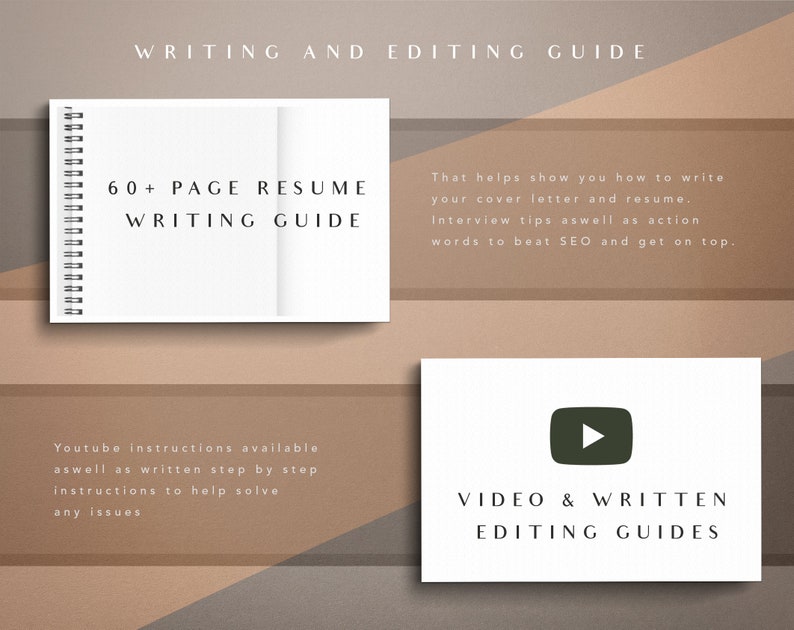 Pode incluir: Um caderno branco com uma encaderna&ccedil;&atilde;o em espiral e o texto "60+ PAGE RESUME WRITING GUIDE" na capa. O caderno est&aacute; sobre um fundo marrom com o texto "WRITING AND EDITING GUIDE" no topo. H&aacute; um cart&atilde;o branco com um bot&atilde;o de reprodu&ccedil;&atilde;o verde e o texto "VIDEO & WRITTEN EDITING GUIDES" sobre um fundo marrom. O texto "That helps show you how to write your cover letter and resume. Interview tips aswell as action words to beat SEO and get on top." est&aacute; no lado direito da imagem. O texto "Youtube instructions available aswell as written step by step instructions to help solve any issues" est&aacute; no lado esquerdo da imagem.