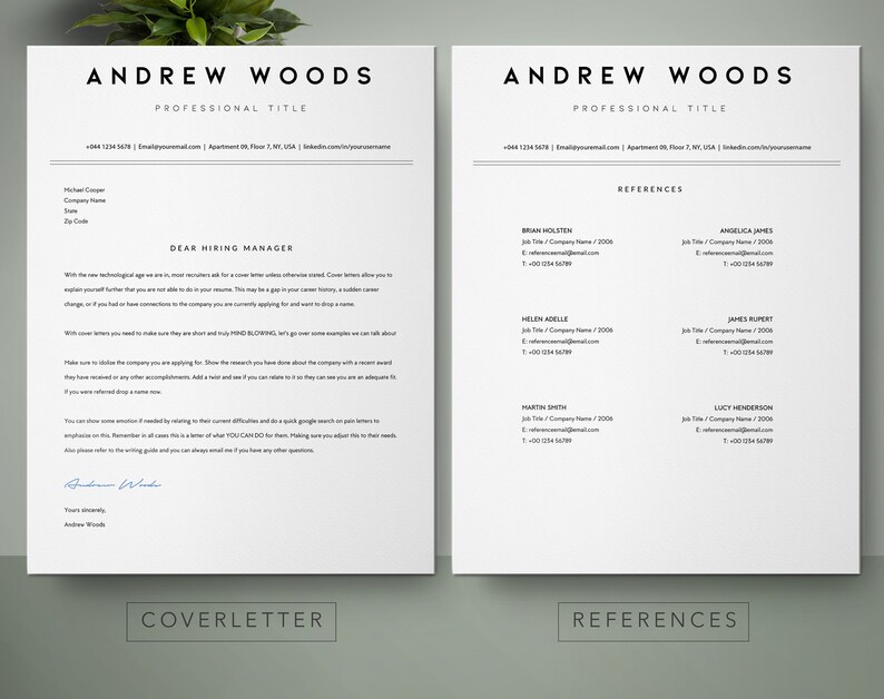 May include: A black and white cover letter and references page for a job application. The cover letter includes the text "Dear Hiring Manager" and the references page includes the text "References".