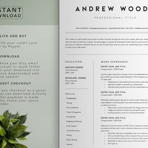 May include: A resume template with a green background and white text. The template includes sections for education, work experience, and skills. The text includes the words "Instant Download", "Click and Buy", "Download", "Guest Checkout", "Education", "Master's Degree", "Bachelor's Degree", "Skills", "Work Experience", "Enter Your Job Title", and "Company Name".