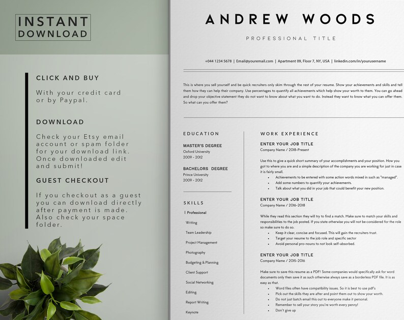 May include: A resume template with a green background and white text. The template includes sections for education, work experience, and skills. The text includes the words "Instant Download", "Click and Buy", "Download", "Guest Checkout", "Education", "Master's Degree", "Bachelor's Degree", "Skills", "Work Experience", "Enter Your Job Title", and "Company Name".