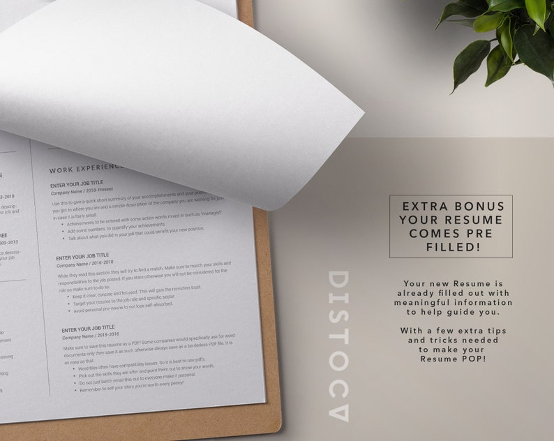 May include: A close-up of a resume template with the text "EXTRA BONUS YOUR RESUME COMES PRE FILLED!" and "Your new Resume is already filled out with meaningful information to help guide you. With a few extra tips and tricks needed to make your Resume POP!"