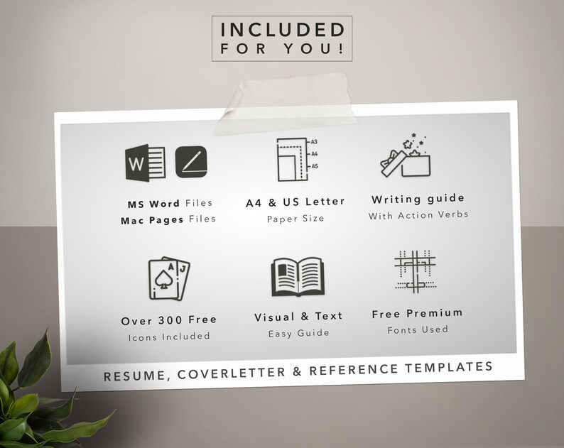 May include: A graphic showing the features included in a resume, cover letter, and reference template package. The features include MS Word and Mac Pages files, A4 and US Letter paper sizes, a writing guide with action verbs, over 300 free icons, a visual and text easy guide, and free premium fonts.