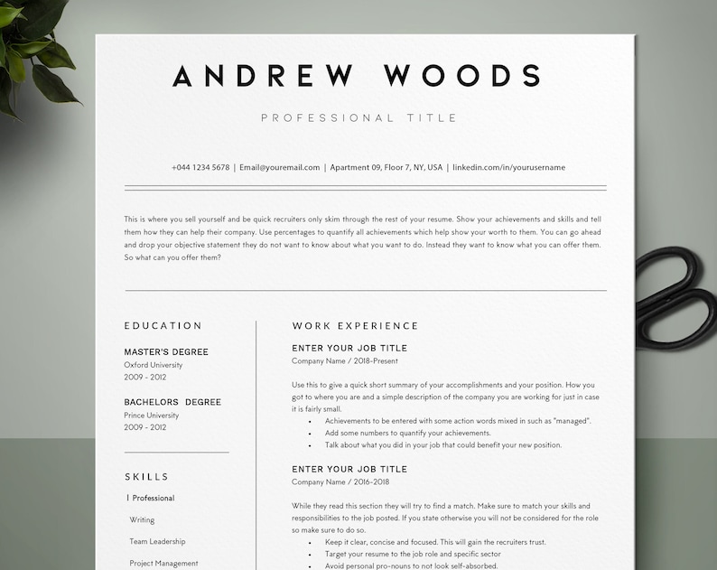 Minimalist Resume Template, CV Template, Professional Resume, Executive Resume, Marketing CV, Software Developer Resume, IT Resume Digital