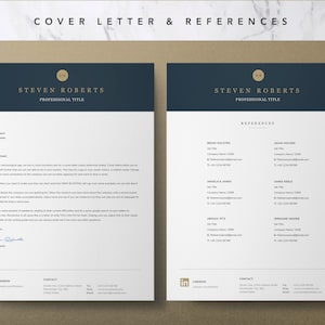 Op de afbeelding: Een sjabloon voor een sollicitatiebrief en referenties met een donkerblauwe kop en gouden accenten. De kop bevat de tekst "COVER LETTER & REFERENCES" en de initialen "SIR". Het sjabloon is ontworpen voor professionals die solliciteren naar een baan.
