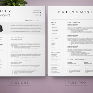 May include: A black and white resume template with the name "Emily Simons" at the top. The resume includes sections for education, work experience, skills, interests, references, awards and achievements. The resume is divided into two pages.