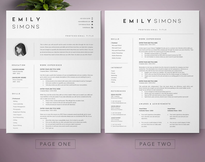 May include: A black and white resume template with the name "Emily Simons" at the top. The resume includes sections for education, work experience, skills, interests, references, awards and achievements. The resume is divided into two pages.