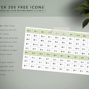May include: A black and white image of over 300 free icons. The icons are organized in a grid with a green background. The text "OVER 300 FREE ICONS" is at the top of the image. The text "PERSONALIZE YOUR RESUME, MAKE IT LIVELY" is below the title. The text "We offer free easy to use set of icons." is on the left side of the image. The text "We also provide attribution and further links of where to get more icons." is below the first text. The text "If you need a specific icon please let us know." is below the second text.
