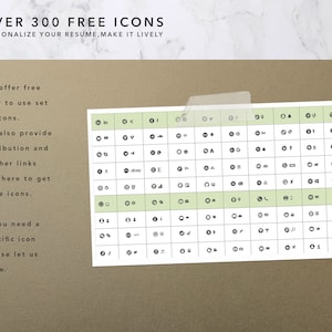 Op de afbeelding: Een groen-witte kaart met meer dan 300 gratis pictogrammen. De kaart toont een verscheidenheid aan pictogrammen, waaronder pijlen, vormen en symbolen. De tekst "OVER 300 FREE ICONS" staat bovenaan de kaart. De tekst "PERSONALIZE YOUR RESUME, MAKE IT LIVELY" staat onder de titel. De tekst "We offer free easy to use set of icons." staat aan de linkerkant van de kaart. De tekst "We also provide attribution and further links of where to get more icons." staat onder de eerste tekst. De tekst "If you need a specific icon please let us know." staat onderaan de kaart.