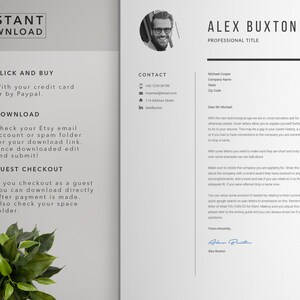 May include: A resume template with a gray background and black text. The top of the resume has a photo of a man wearing glasses. The resume includes contact information, a cover letter, and a section on instant download.