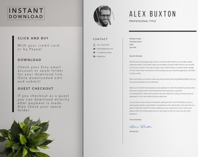 May include: A resume template with a gray background and black text. The top of the resume has a photo of a man wearing glasses. The resume includes contact information, a cover letter, and a section on instant download.