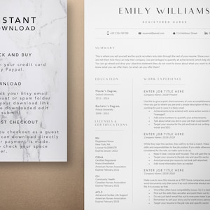 Puede incluir: Una plantilla de curr&iacute;culum con fondo blanco y texto negro. El curr&iacute;culum incluye secciones de resumen, educaci&oacute;n, experiencia laboral, licencias y certificaciones. El curr&iacute;culum es para una enfermera registrada llamada Emily Williams.