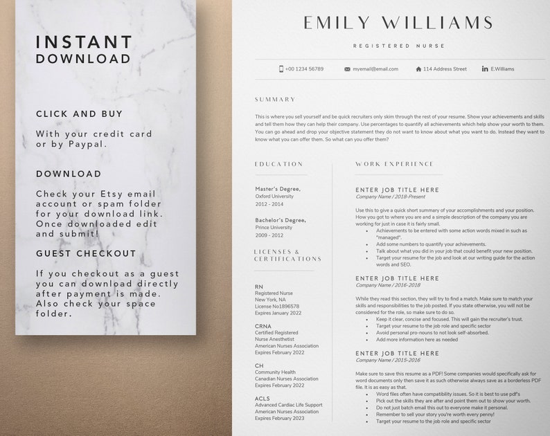 Puede incluir: Una plantilla de curr&iacute;culum con fondo blanco y texto negro. El curr&iacute;culum incluye secciones de resumen, educaci&oacute;n, experiencia laboral, licencias y certificaciones. El curr&iacute;culum es para una enfermera registrada llamada Emily Williams.