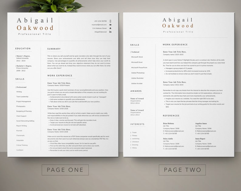 May include: A black and white resume template with the name Abigail Oakwood at the top. The resume includes sections for education, skills, work experience, awards, references, and interests. The resume is divided into two pages.