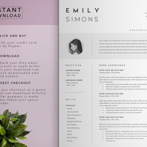 May include: A black and white resume template with a photo of a woman in the upper right corner. The resume includes sections for education, work experience, and skills. The text "INSTANT DOWNLOAD" is in the upper left corner. The text "CLICK AND BUY" is in the upper left corner. The text "DOWNLOAD" is in the upper left corner. The text "GUEST CHECKOUT" is in the upper left corner.