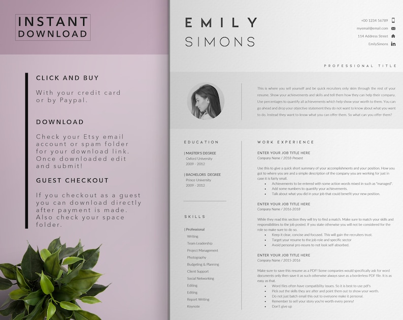 May include: A black and white resume template with a photo of a woman in the upper right corner. The resume includes sections for education, work experience, and skills. The text "INSTANT DOWNLOAD" is in the upper left corner. The text "CLICK AND BUY" is in the upper left corner. The text "DOWNLOAD" is in the upper left corner. The text "GUEST CHECKOUT" is in the upper left corner.