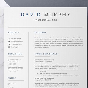 May include: A resume template with a blue header and black text. The header reads "David Murphy" and "Professional Title". The resume includes sections for contact information, education, skills, summary, and work experience.