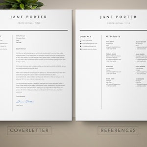 May include: A black and white resume template with the name Jane Porter and the title Professional Title. The left side of the page has a contact section with a phone number, email address, and a LinkedIn profile link. The right side of the page has a references section with names, titles, and contact information.