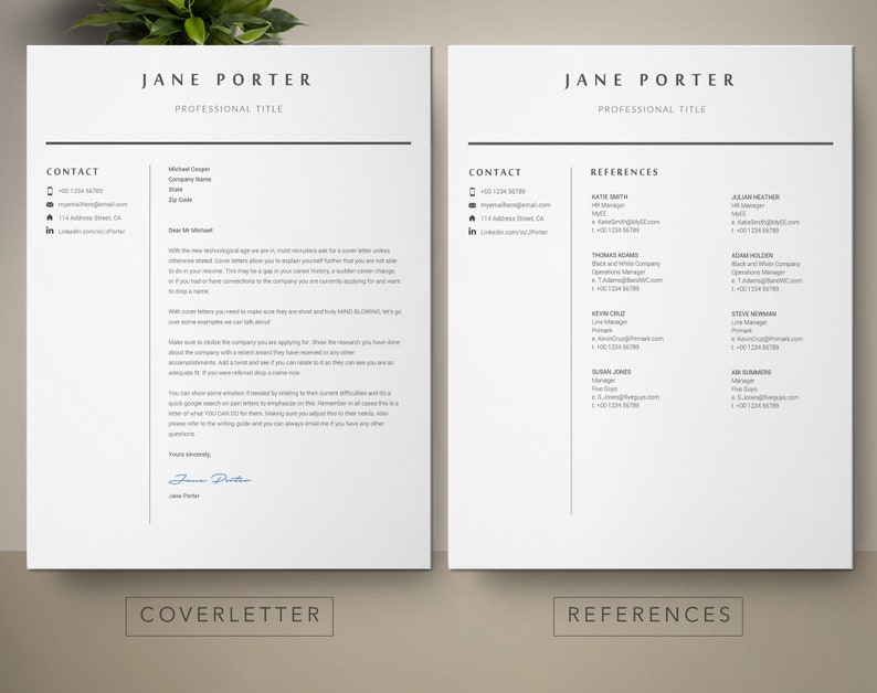 May include: A black and white resume template with the name Jane Porter and the title Professional Title. The left side of the page has a contact section with a phone number, email address, and a LinkedIn profile link. The right side of the page has a references section with names, titles, and contact information.
