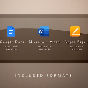 Pode incluir: Um gr&aacute;fico que mostra a compatibilidade do Google Docs, Microsoft Word e Apple Pages. O Google Docs funciona com Mac ou PC. O Microsoft Word funciona com Mac ou PC. O Apple Pages funciona apenas com Mac. O texto "FORMATOS INCLU&Iacute;DOS" est&aacute; abaixo do gr&aacute;fico.
