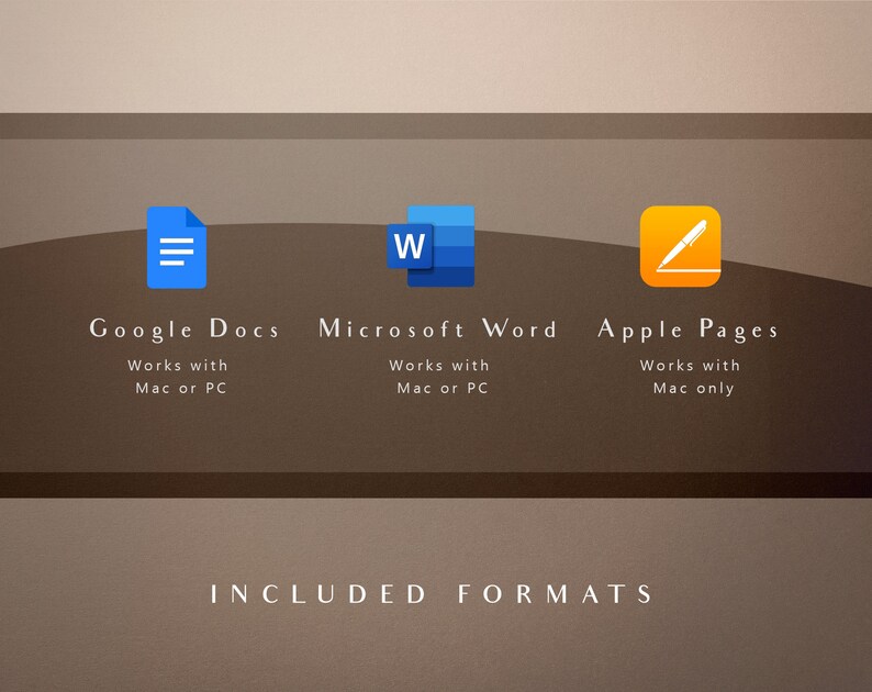 Pode incluir: Um gr&aacute;fico que mostra a compatibilidade do Google Docs, Microsoft Word e Apple Pages. O Google Docs funciona com Mac ou PC. O Microsoft Word funciona com Mac ou PC. O Apple Pages funciona apenas com Mac. O texto "FORMATOS INCLU&Iacute;DOS" est&aacute; abaixo do gr&aacute;fico.