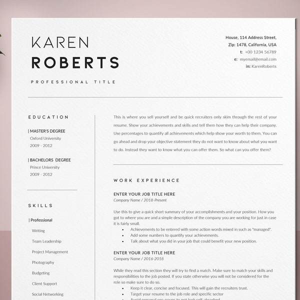 Professional Resume Template, Minimalist Resume, Resume Template For Word, CV Resume, Cover Letter, 2 Pages Resume, Instant Download Resume