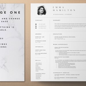 Pu&ograve; includere: Un modello di curriculum vitae in bianco e nero con uno sfondo di marmo. Il curriculum include sezioni per informazioni di contatto, premi, istruzione, esperienza lavorativa, competenze e servizio comunitario. Il curriculum &egrave; per Emma Hamilton, una studentessa delle scuole superiori.