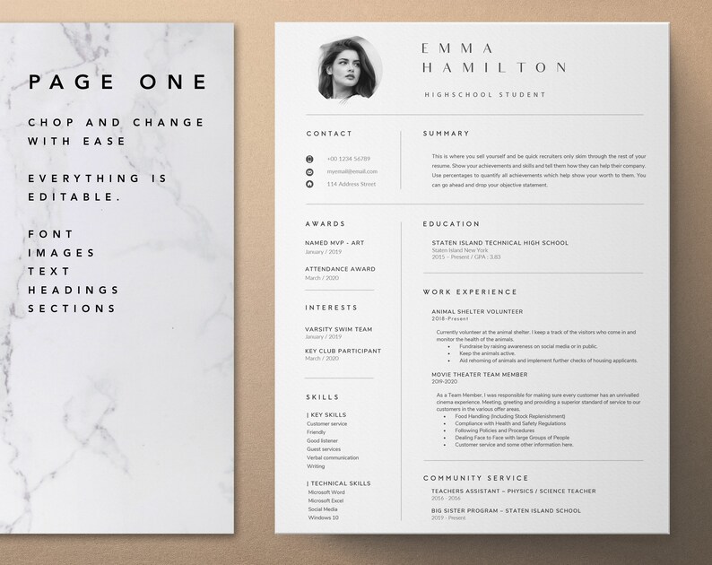 Pu&ograve; includere: Un modello di curriculum vitae in bianco e nero con uno sfondo di marmo. Il curriculum include sezioni per informazioni di contatto, premi, istruzione, esperienza lavorativa, competenze e servizio comunitario. Il curriculum &egrave; per Emma Hamilton, una studentessa delle scuole superiori.