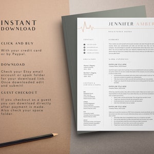 May include: A printable resume template for registered nurses. The template features a minimalist design with a light gray background and a gold accent line. The text includes sections for contact information, education, work experience, licenses and certifications, and a summary. The template is designed to be easily customized with your own information.