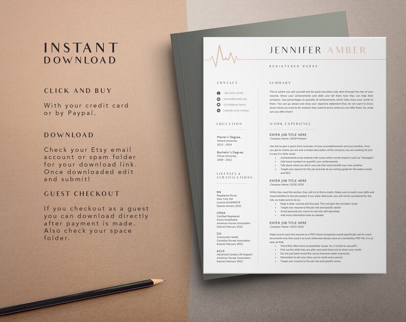 May include: A printable resume template for registered nurses. The template features a minimalist design with a light gray background and a gold accent line. The text includes sections for contact information, education, work experience, licenses and certifications, and a summary. The template is designed to be easily customized with your own information.
