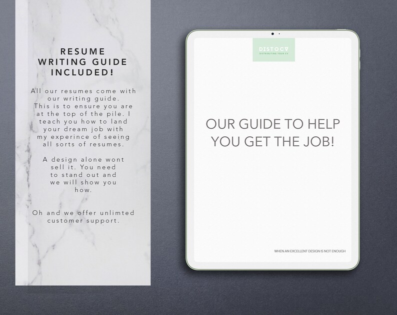 May include: A white tablet with a green and white logo that says "DISTOCV" and the text "OUR GUIDE TO HELP YOU GET THE JOB!" on the screen. The text "WHEN AN EXCELLENT DESIGN IS NOT ENOUGH" is at the bottom of the screen.