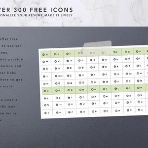 May include: A black and white graphic showing over 300 free icons. The text "OVER 300 FREE ICONS" is at the top of the image. The text "PERSONALIZE YOUR RESUME, MAKE IT LIVELY" is below the title. The icons are organized in a grid with 10 columns and 10 rows. The icons are all black and white and are mostly simple shapes.