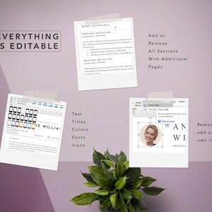 May include: A customizable resume template with a pink background. The template includes sections for work experience, personal information, skills, and education. The text "EVERYTHING IS EDITABLE" is displayed in bold, black letters at the top of the template. The template also includes a variety of icons and fonts that can be customized.