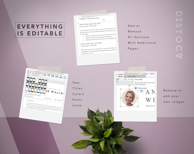 May include: A customizable resume template with a pink background. The template includes sections for work experience, personal information, skills, and education. The text "EVERYTHING IS EDITABLE" is displayed in bold, black letters at the top of the template. The template also includes a variety of icons and fonts that can be customized.